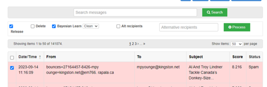 Webmail Screenshot Releasing Quarantine